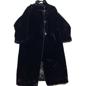 Lucien Daville Paris Faux Fur Long Overcoat Black Satin Lined Made in France